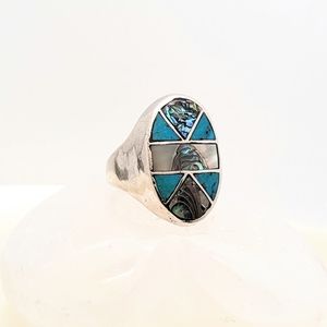 Southwestern High Silver Turquoise Abalone MOP Inlay Ring